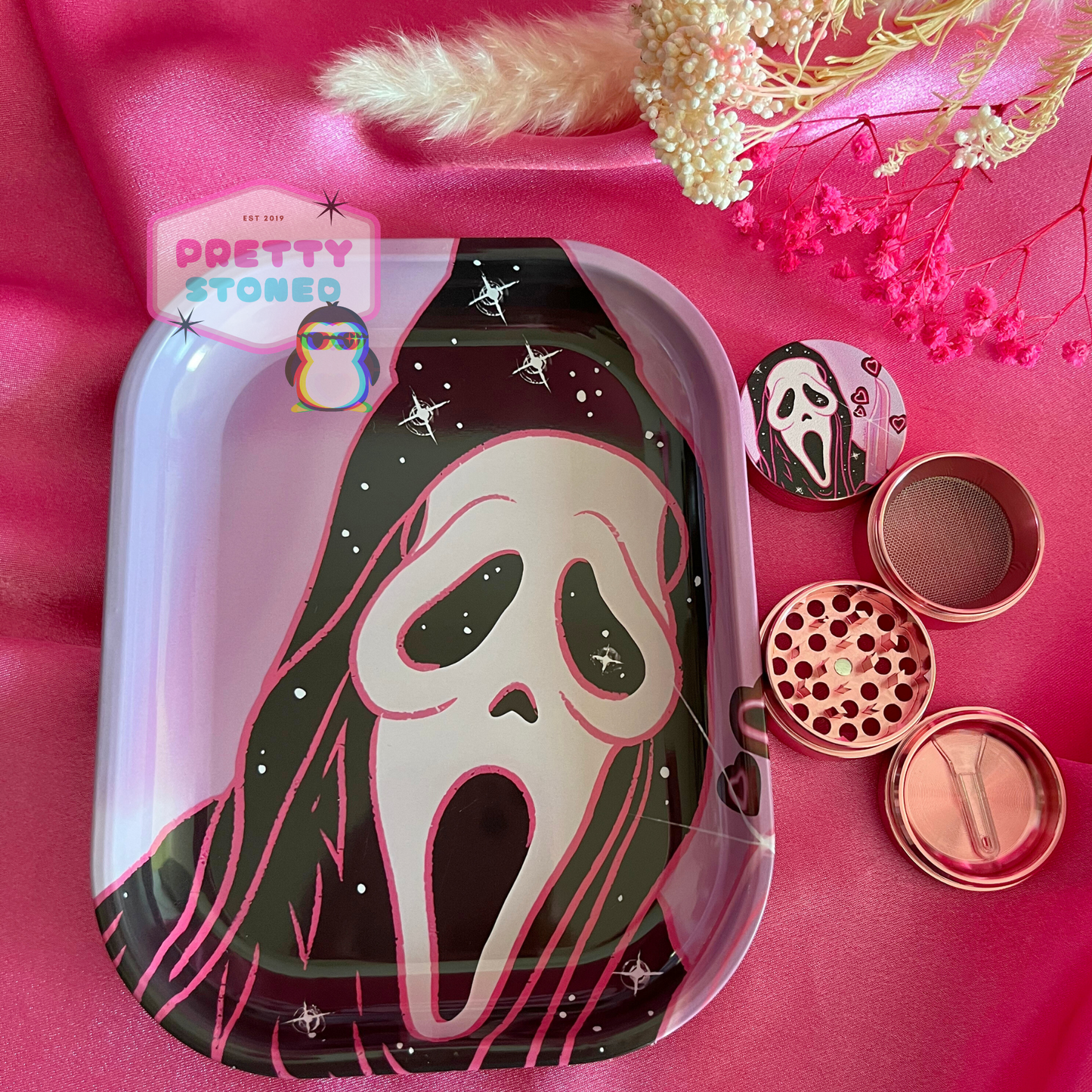 Pink Spooky Rolling Tray Gift Set with 4 Piece Metal Grinder and 8 Pre Rolled Cones