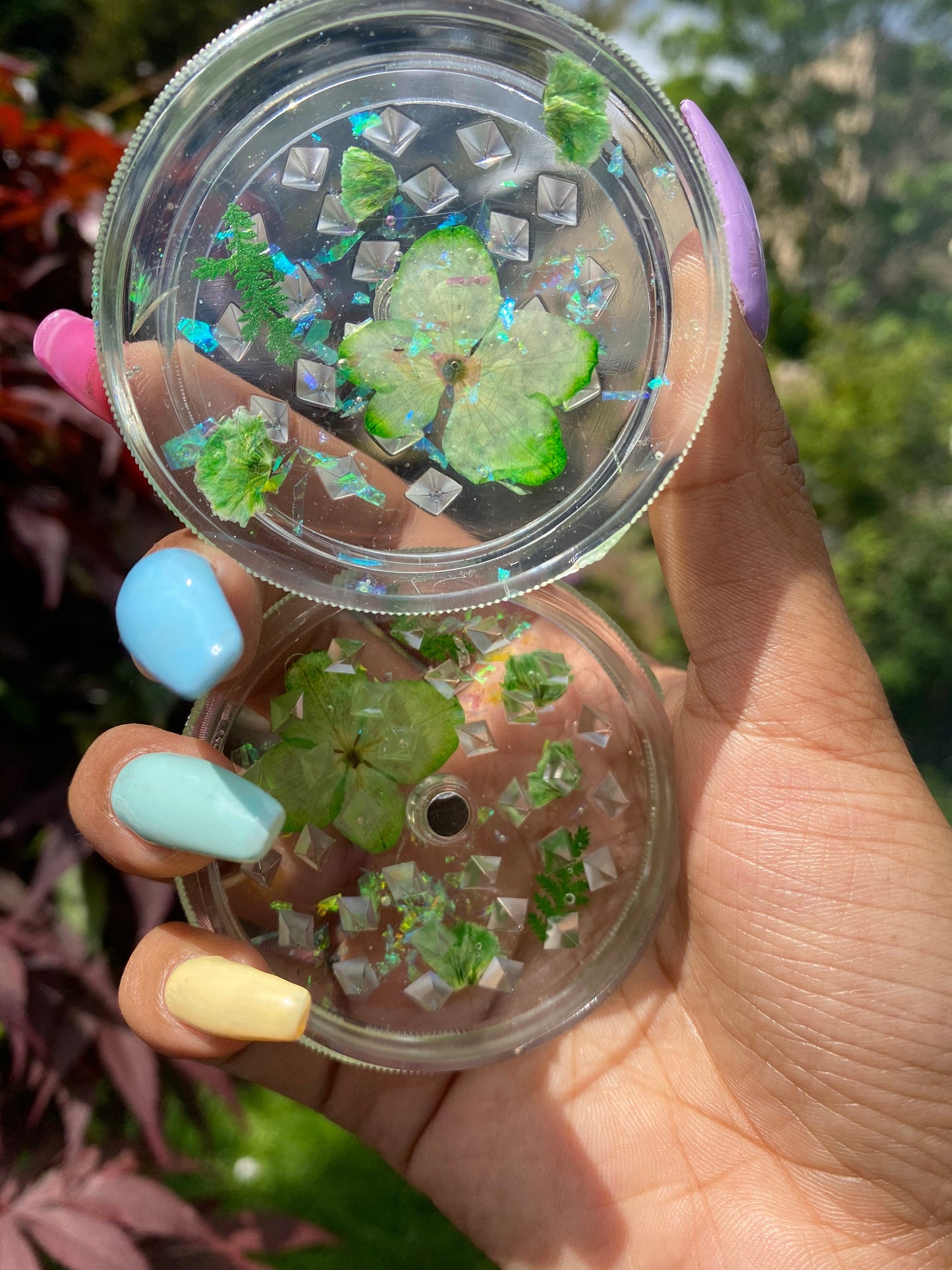 PRESSED FLOWER GRINDER - Holographic Stoner Grinder - Herb Grinder - Green Pressed Flowers - Gift for Her