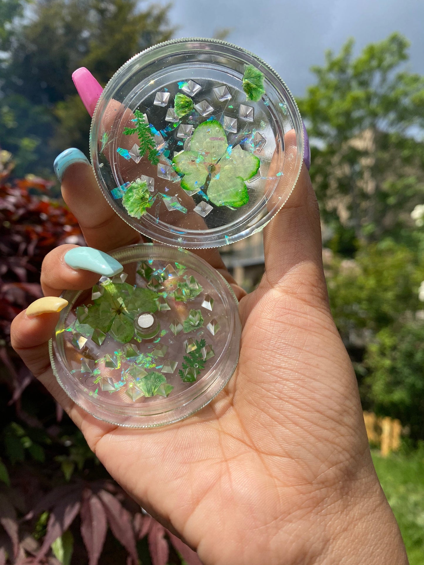 PRESSED FLOWER GRINDER - Holographic Stoner Grinder - Herb Grinder - Green Pressed Flowers - Gift for Her