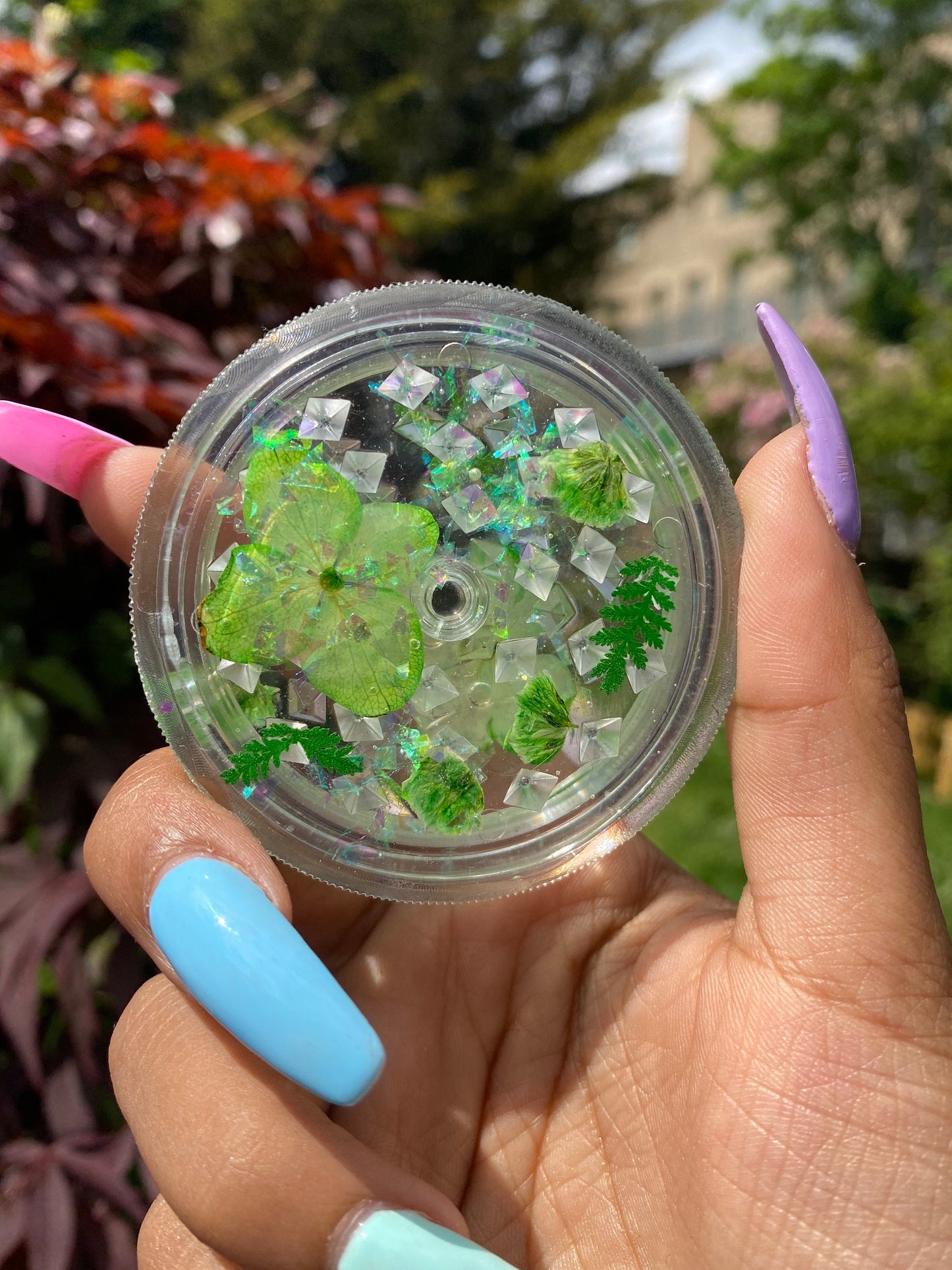 PRESSED FLOWER GRINDER - Holographic Stoner Grinder - Herb Grinder - Green Pressed Flowers - Gift for Her