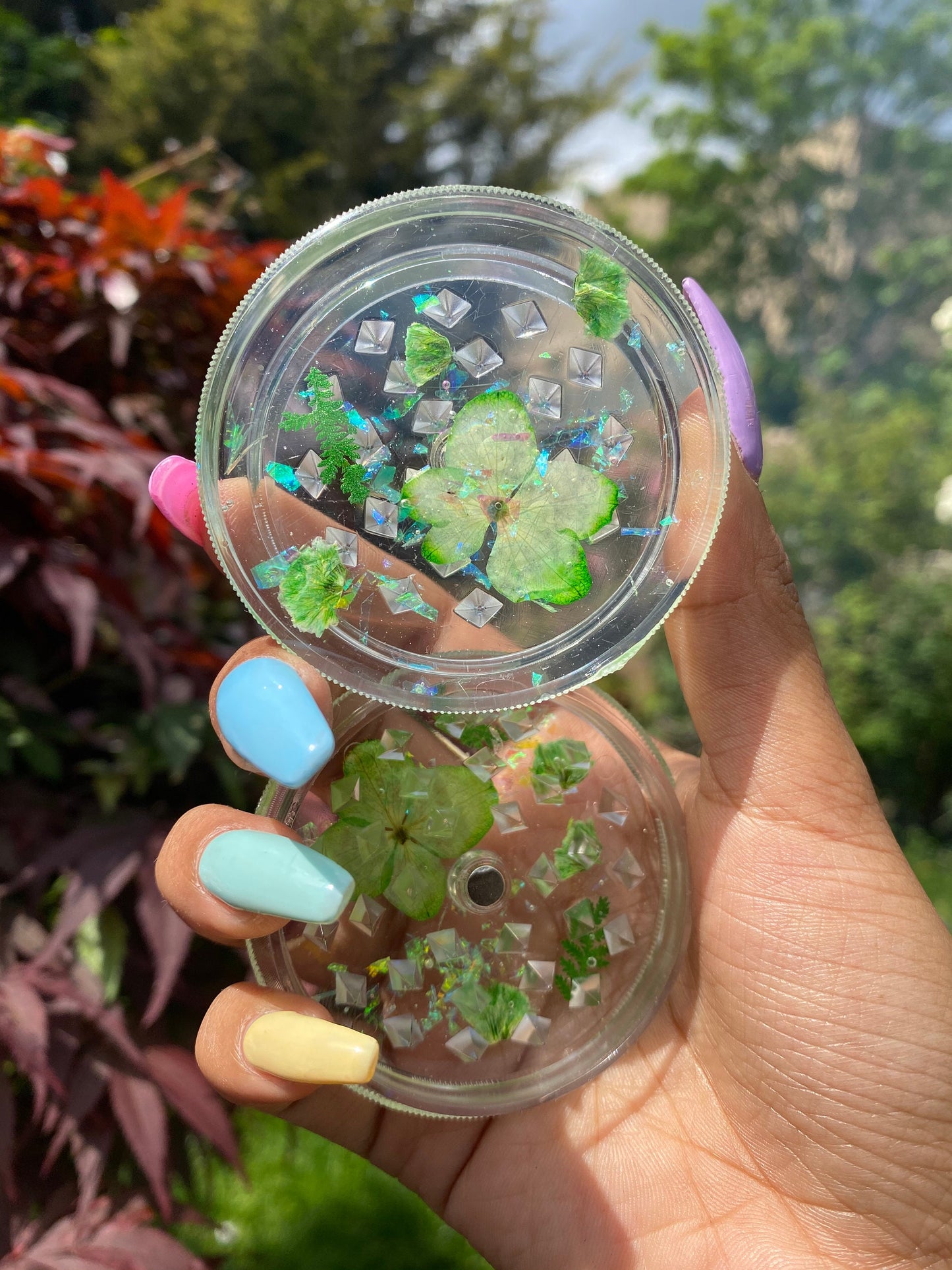 PRESSED FLOWER GRINDER - Holographic Stoner Grinder - Herb Grinder - Green Pressed Flowers - Gift for Her