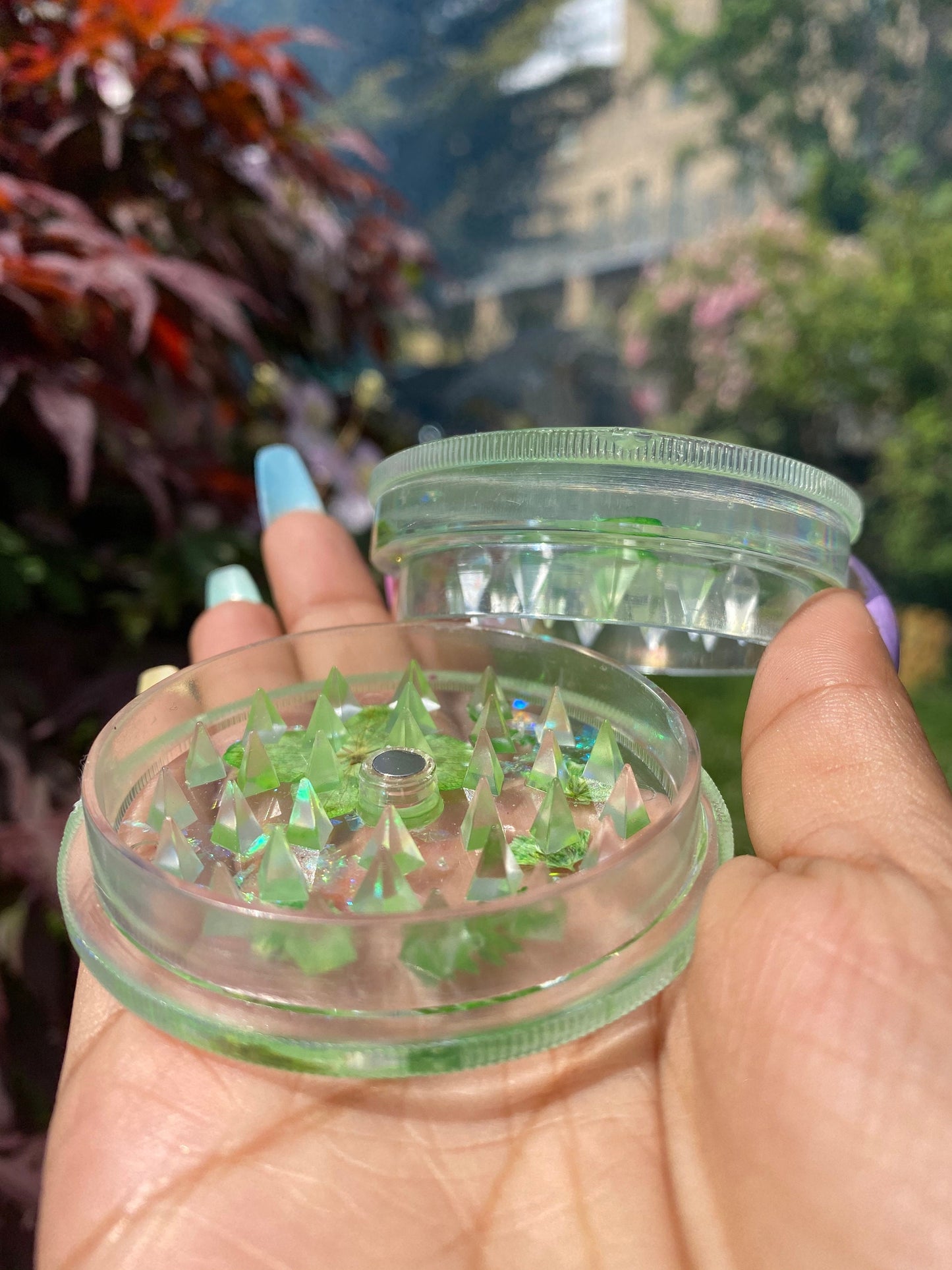 PRESSED FLOWER GRINDER - Holographic Stoner Grinder - Herb Grinder - Green Pressed Flowers - Gift for Her