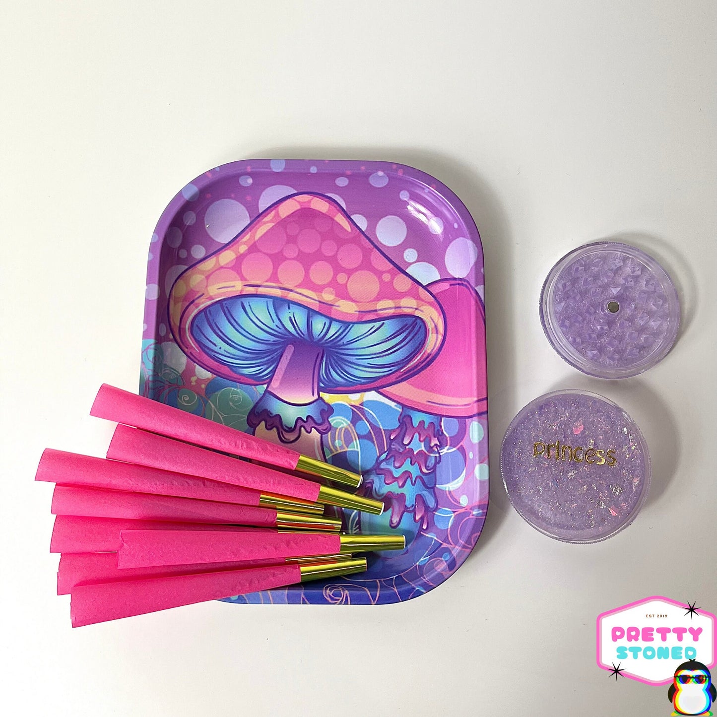 Pink Rolling Set, Custom Grinder, 8 Pink Pre Rolled Cones and Psychedelic Rolling Tray