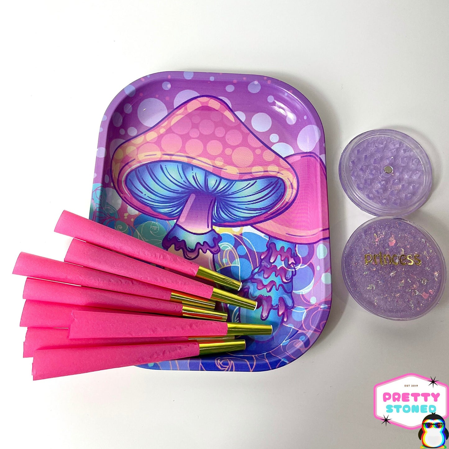 Pink Rolling Set, Custom Grinder, 8 Pink Pre Rolled Cones and Psychedelic Rolling Tray