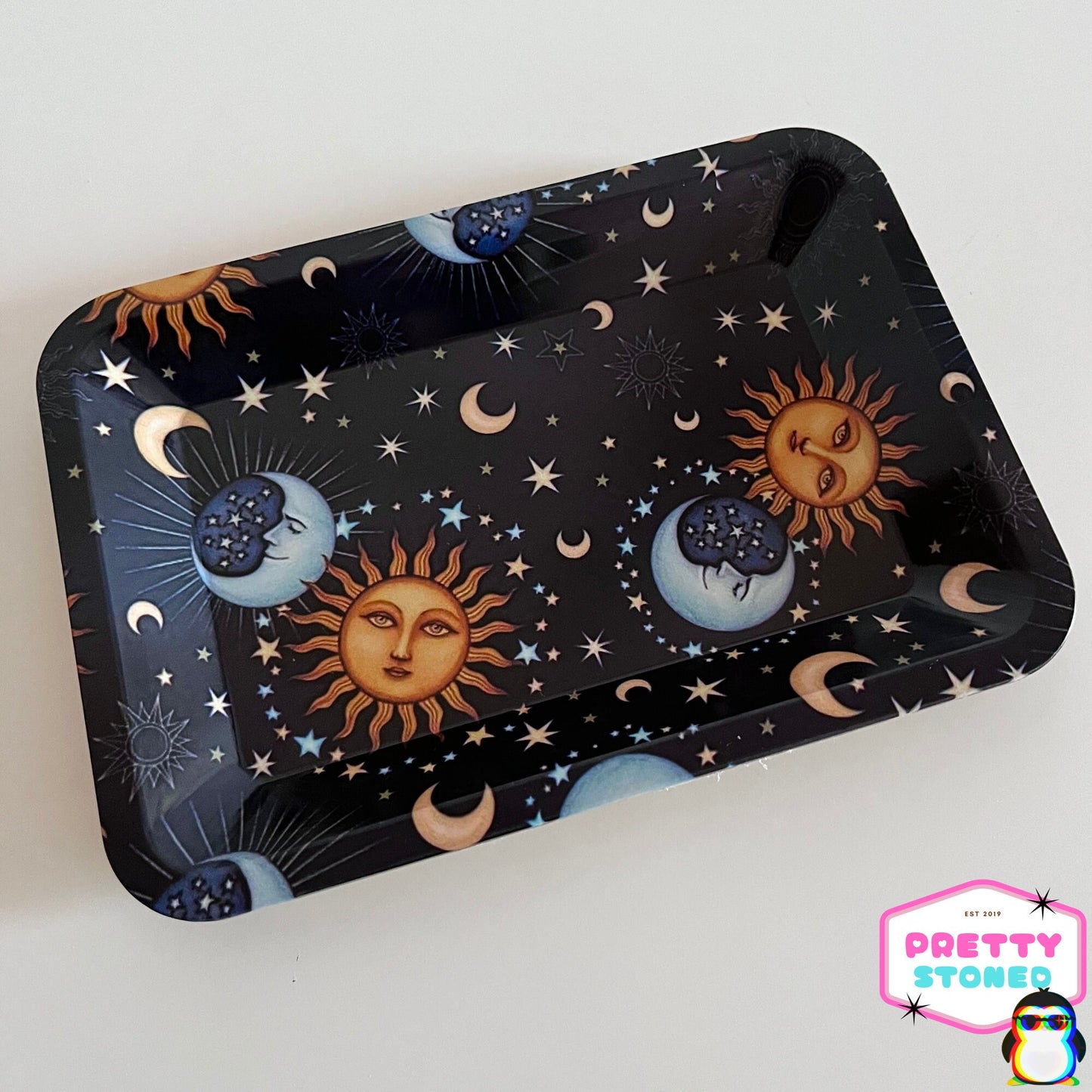 Sun and Moon Rolling Tray Gift Set - 8 Black Pre Rolled Cones - Cigarette Holder Ring - Smoking Accessories