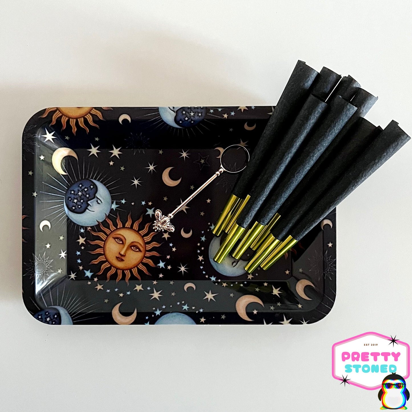 Sun and Moon Rolling Tray Gift Set - 8 Black Pre Rolled Cones - Cigarette Holder Ring - Smoking Accessories