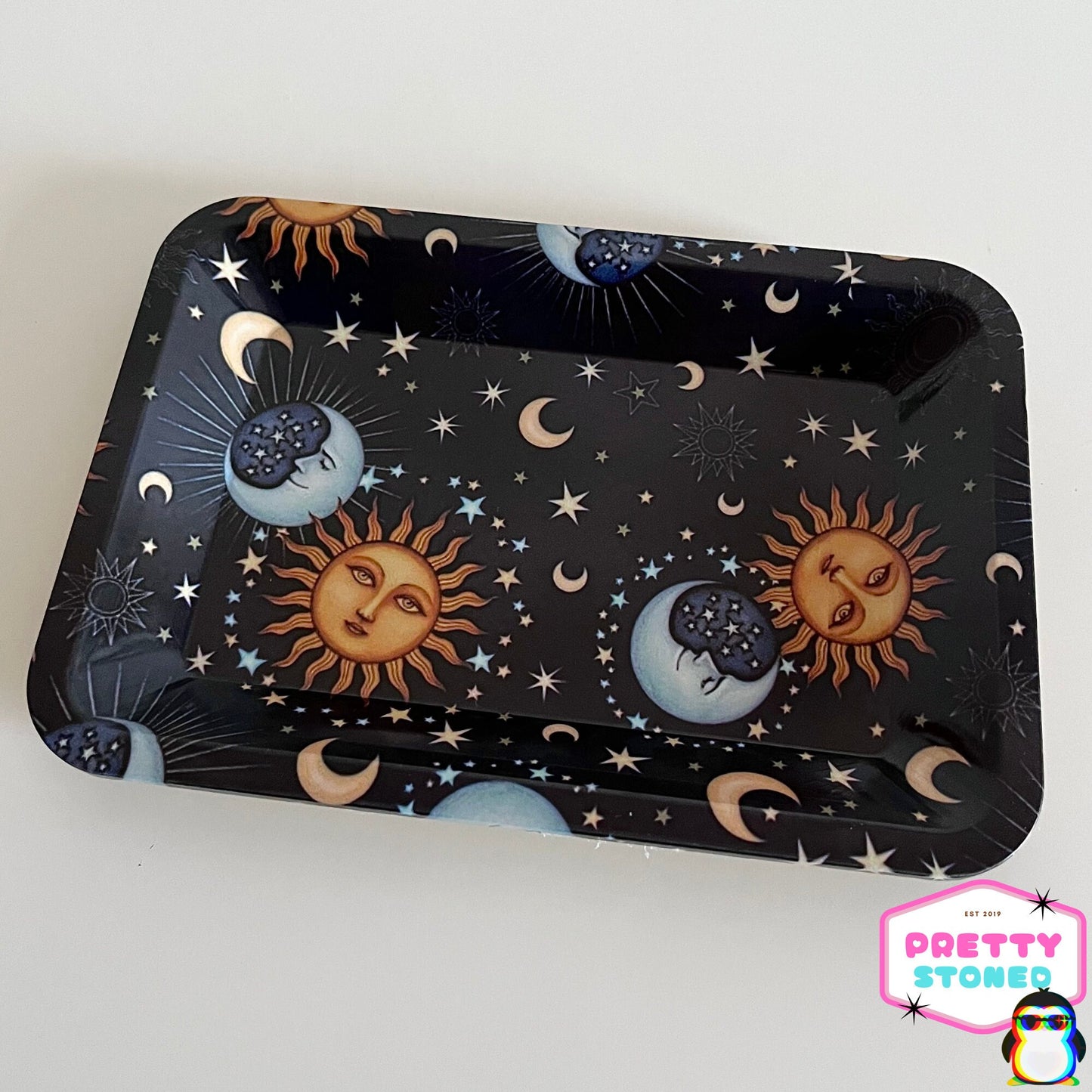 Sun and Moon Rolling Tray Gift Set - 8 Black Pre Rolled Cones - Cigarette Holder Ring - Smoking Accessories