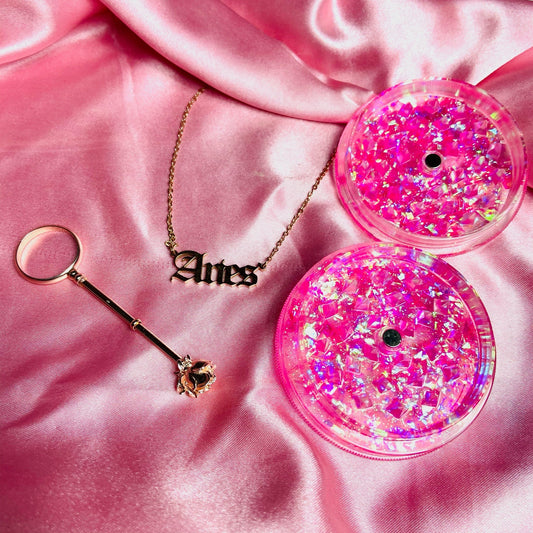 CHRISTMAS GIFT SET! Care Package Personalised Gifts for Her- Holographic Glitter Grinder - Rose/Bee Cigarette Ring Holder - Zodiac Necklace