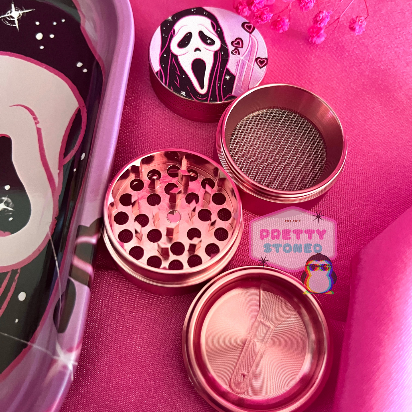 Pink Spooky Rolling Tray Gift Set with 4 Piece Metal Grinder and 8 Pre Rolled Cones