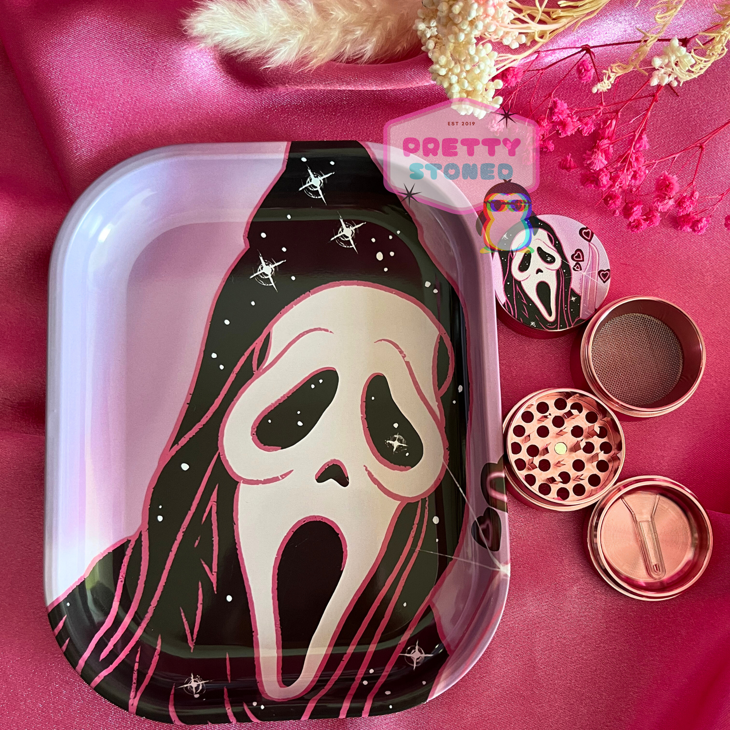 Pink Spooky Rolling Tray Gift Set with 4 Piece Metal Grinder and 8 Pre Rolled Cones