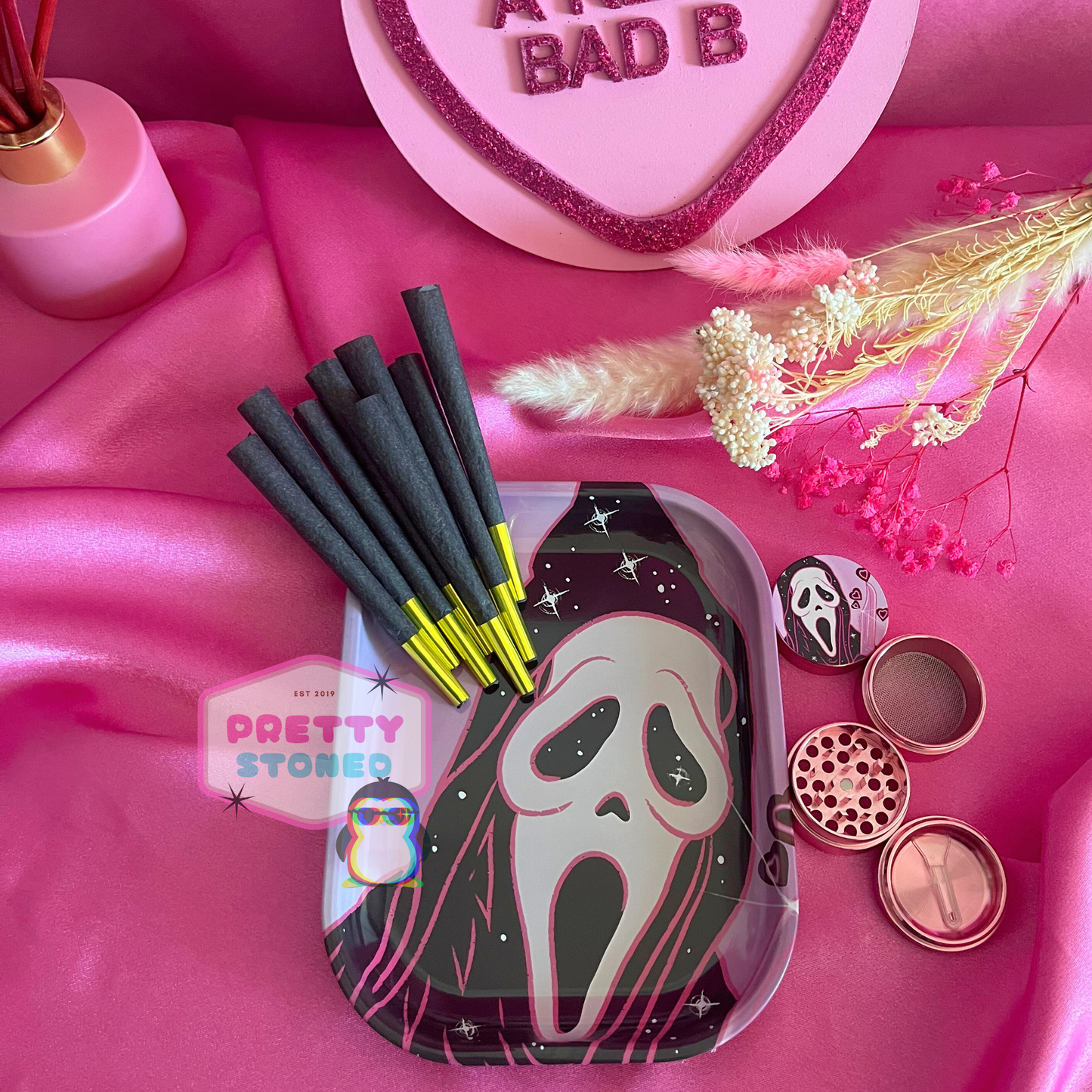 Pink Spooky Rolling Tray Gift Set with 4 Piece Metal Grinder and 8 Pre Rolled Cones