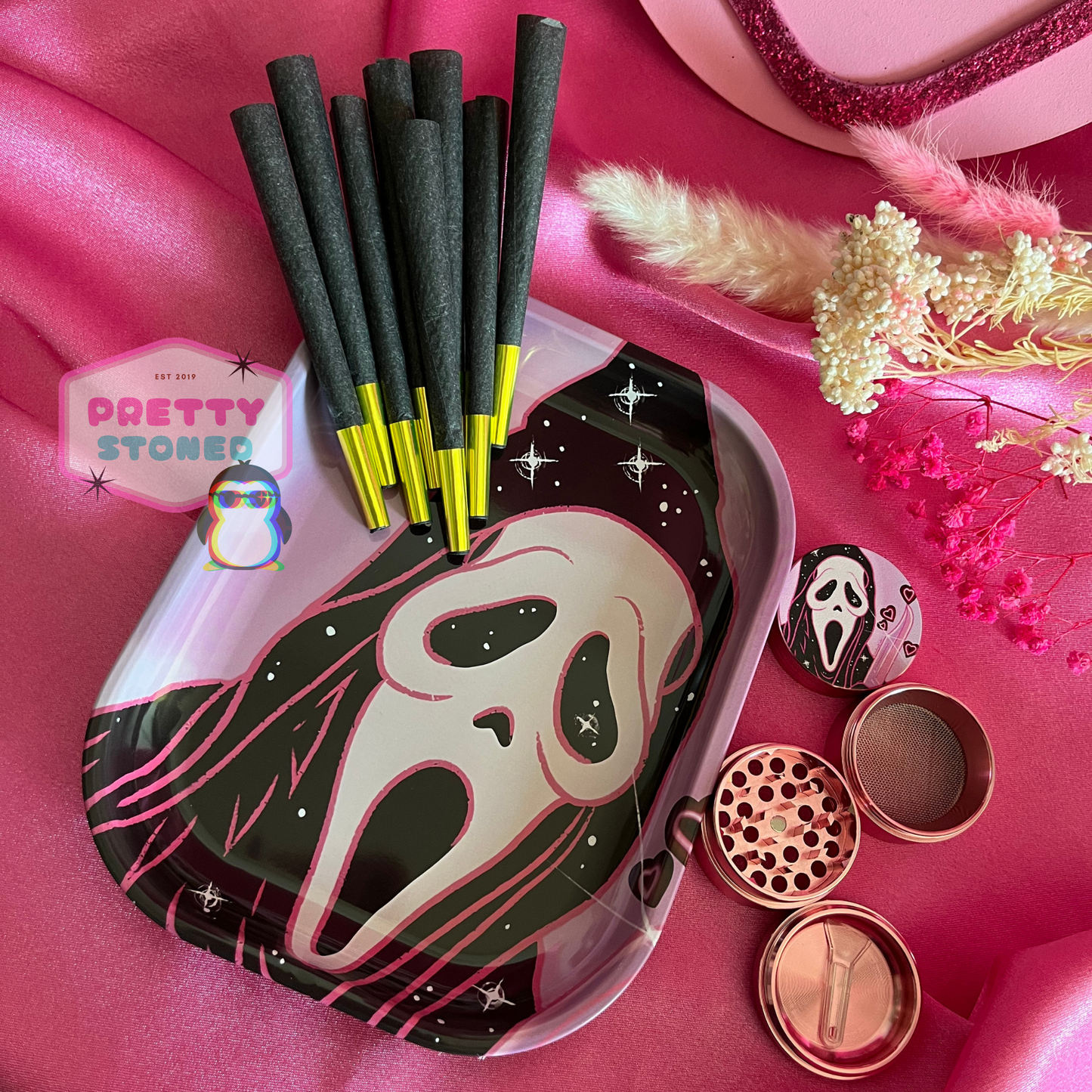 Pink Spooky Rolling Tray Gift Set with 4 Piece Metal Grinder and 8 Pre Rolled Cones