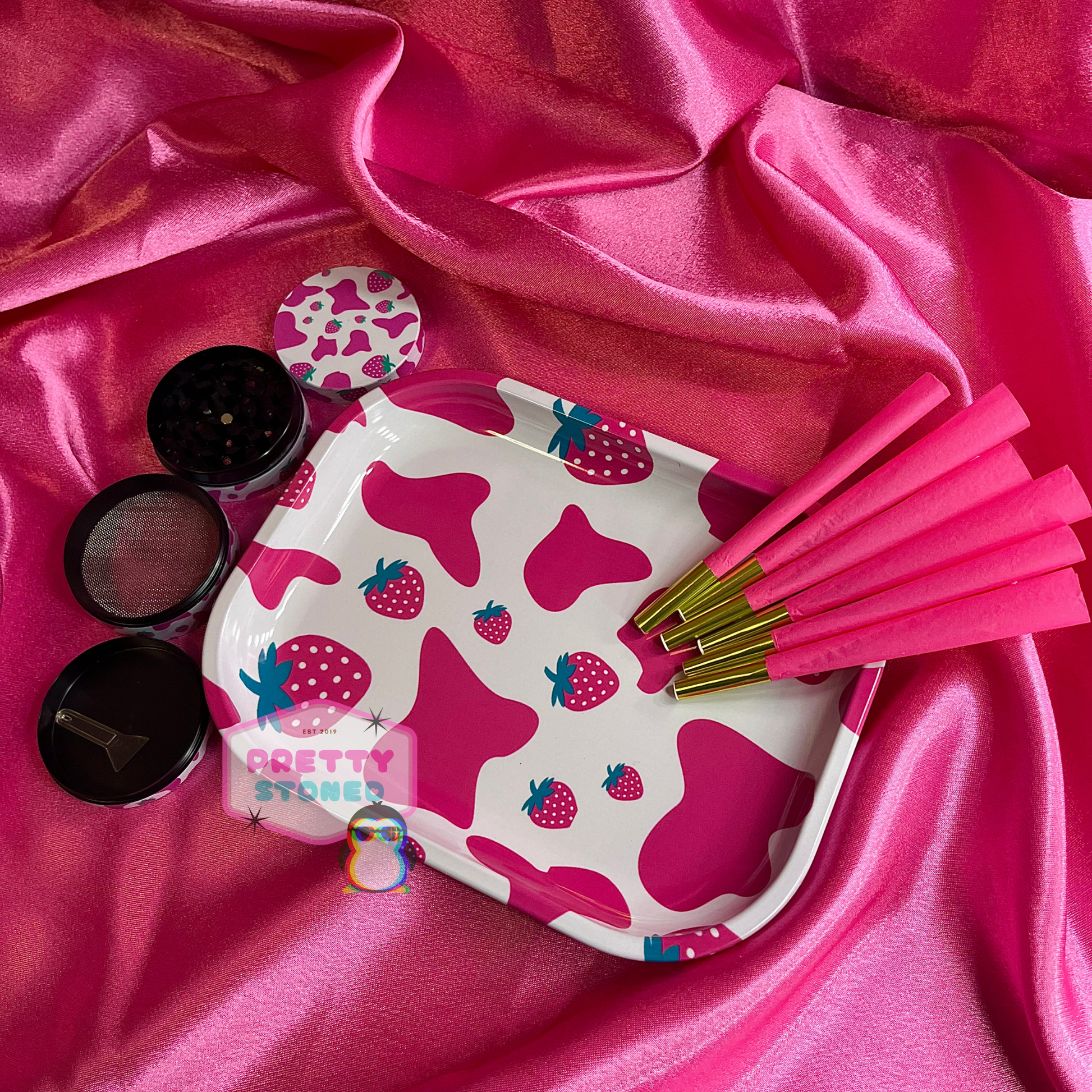Cute pink strawberry milk rolling tray set with a grinder, tray and 8 pink pre rolled cones