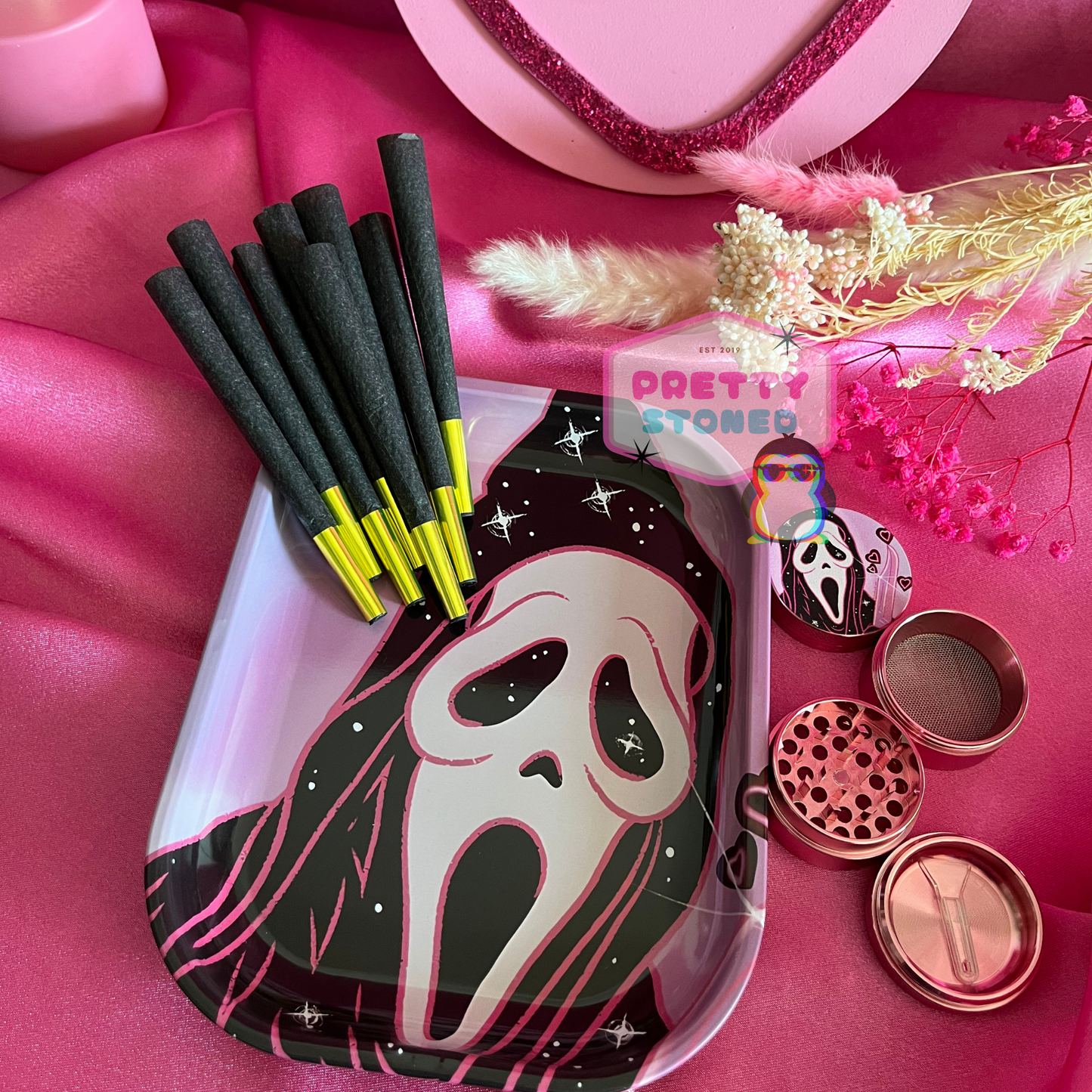 Pink Spooky Rolling Tray Gift Set with 4 Piece Metal Grinder and 8 Pre Rolled Cones