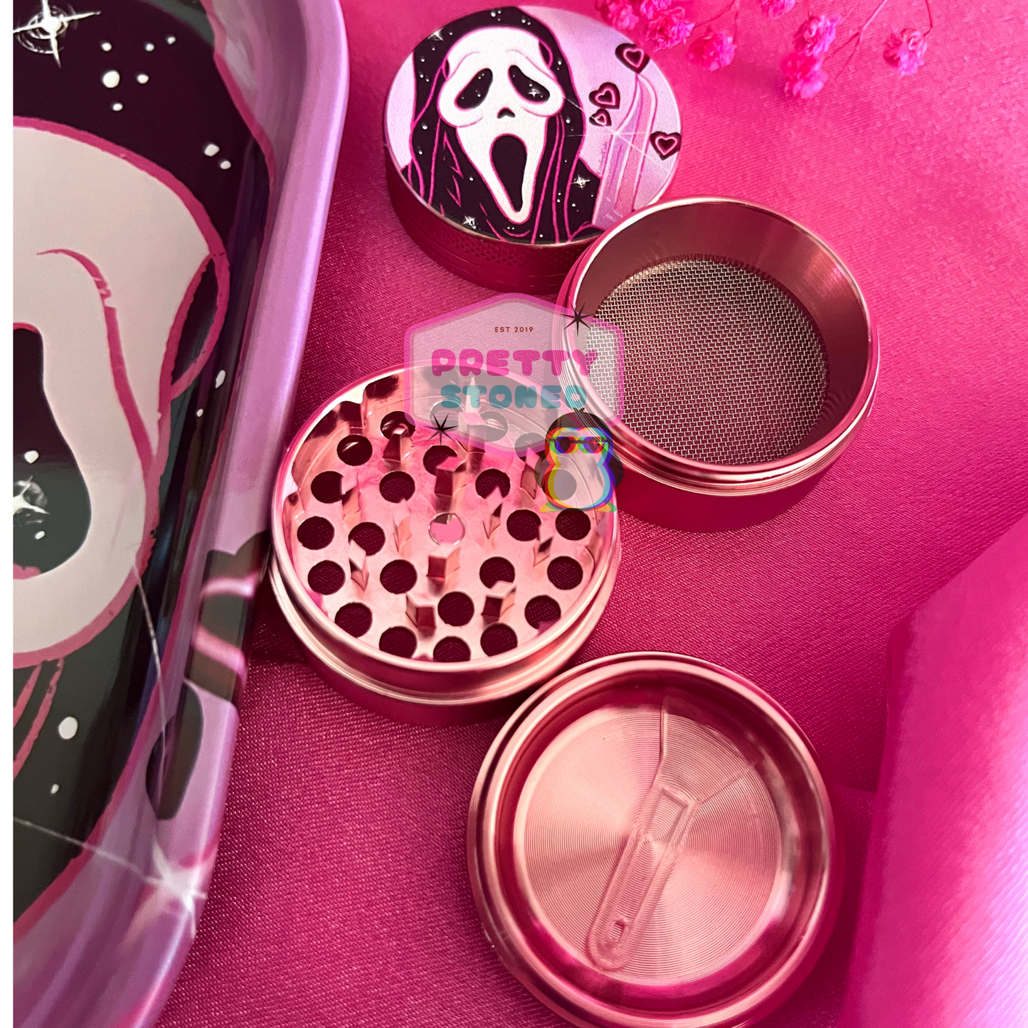 Pink Spooky Rolling Tray Gift Set with 4 Piece Metal Grinder and 8 Pre Rolled Cones
