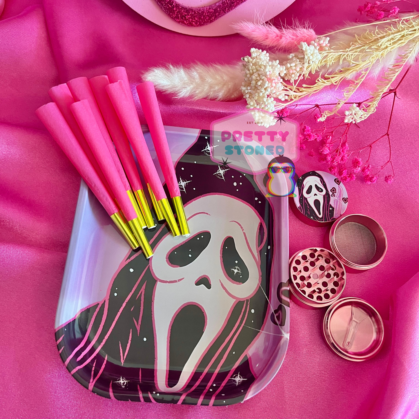 Pink Spooky Rolling Tray Gift Set with 4 Piece Metal Grinder and 8 Pre Rolled Cones
