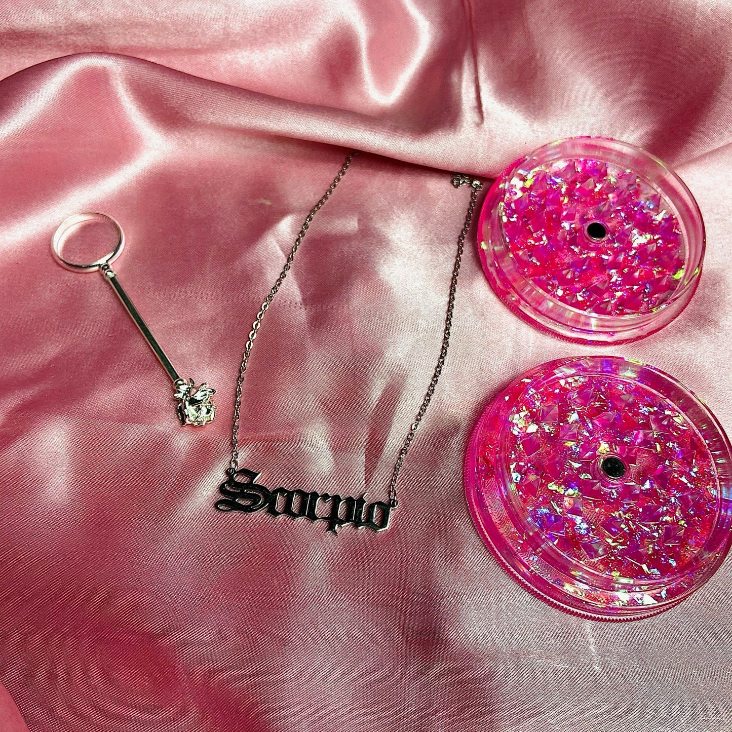 CHRISTMAS GIFT SET! Care Package Personalised Gifts for Her- Holographic Glitter Grinder - Rose/Bee Cigarette Ring Holder - Zodiac Necklace