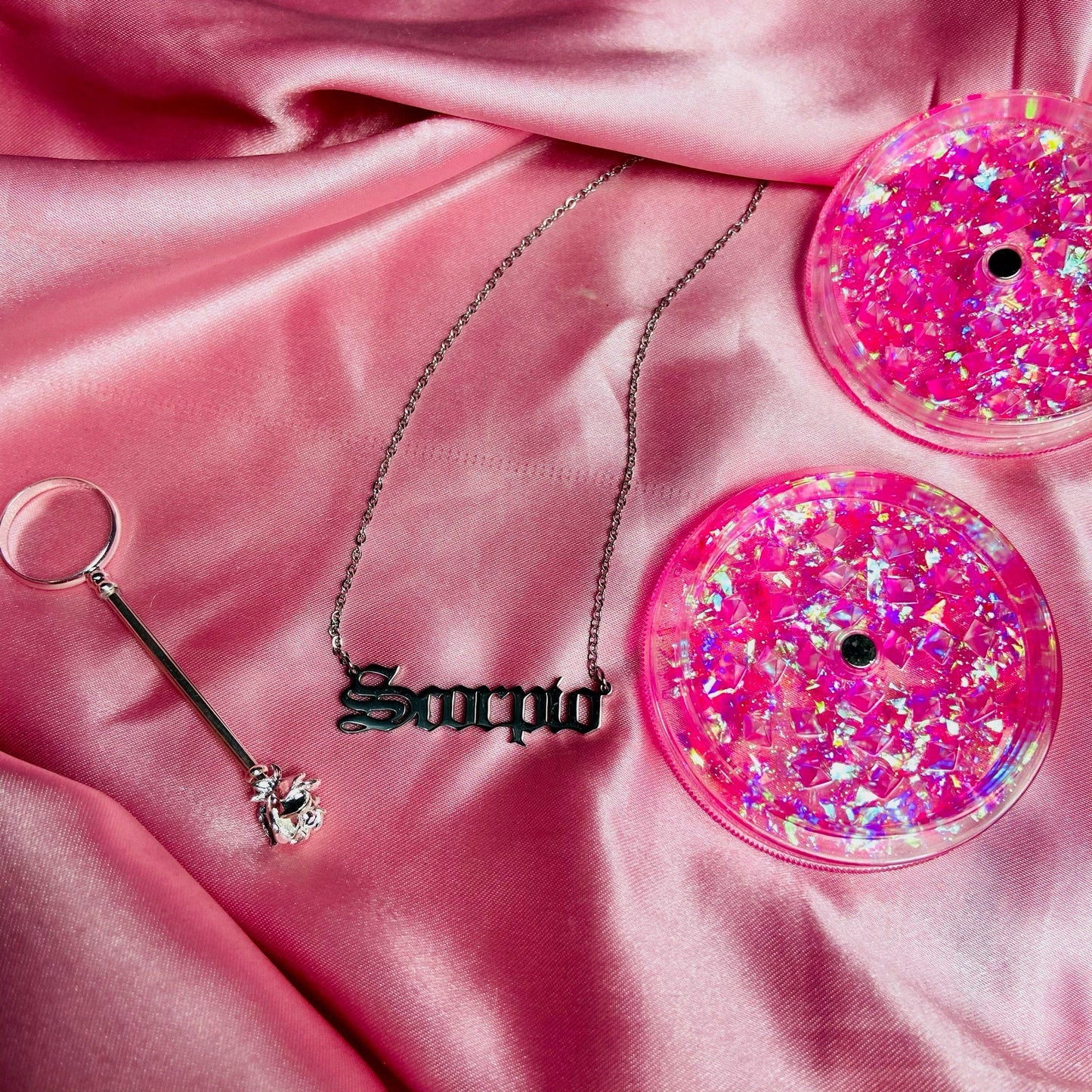 CHRISTMAS GIFT SET! Care Package Personalised Gifts for Her- Holographic Glitter Grinder - Rose/Bee Cigarette Ring Holder - Zodiac Necklace