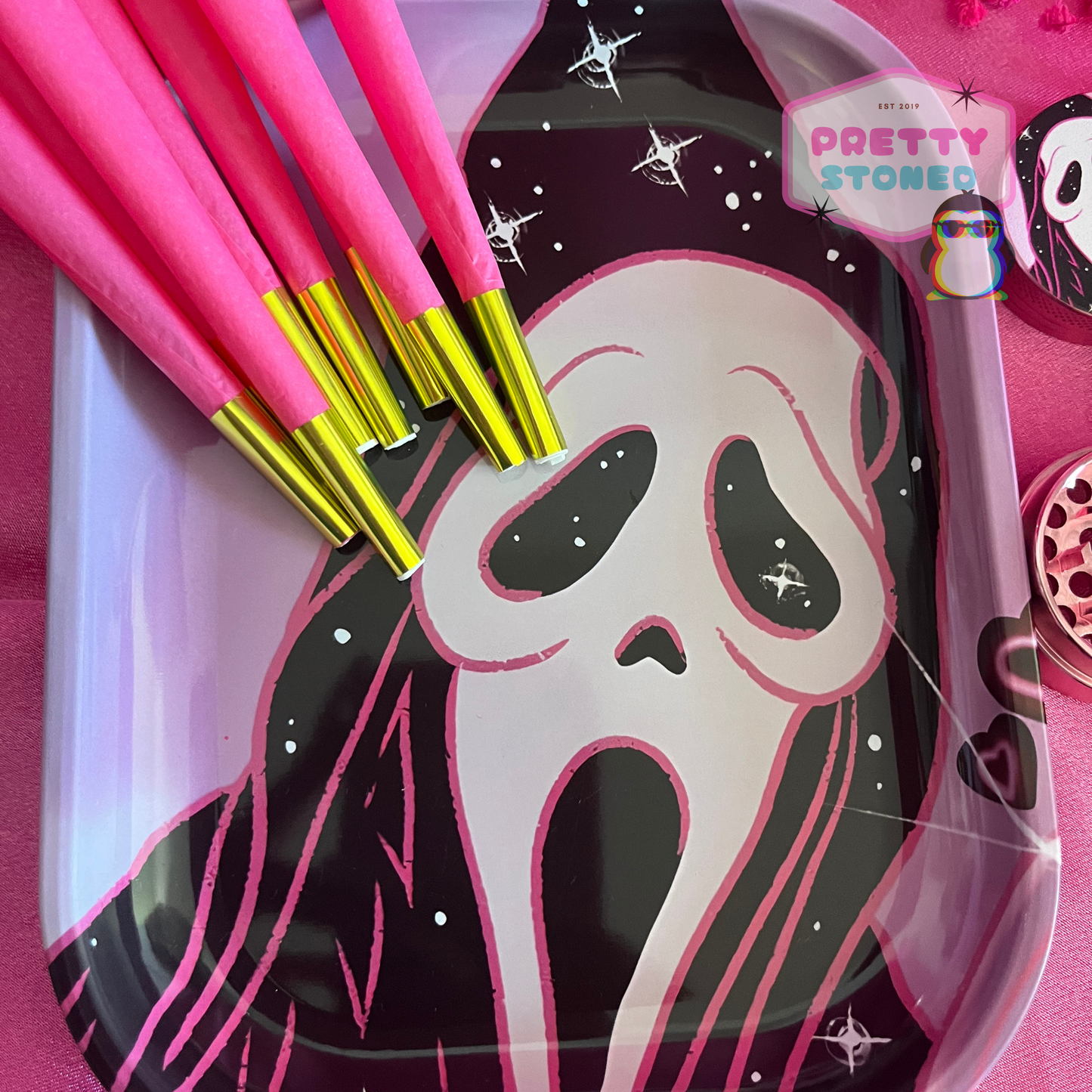 Pink Spooky Rolling Tray Gift Set with 4 Piece Metal Grinder and 8 Pre Rolled Cones