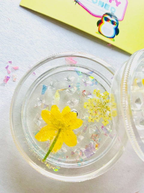 Grinder Sparkly Holographic- YELLOW PRESSED FLOWER Grinder - Christmas Gift for Her Cute Stocking Stuffer