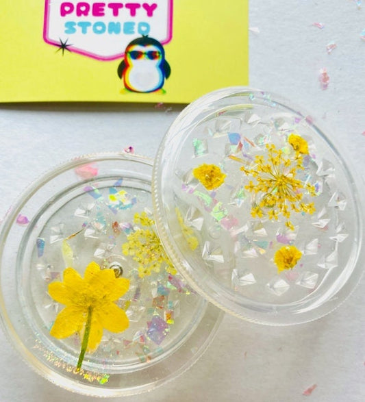 Grinder Sparkly Holographic- YELLOW PRESSED FLOWER Grinder - Christmas Gift for Her Cute Stocking Stuffer