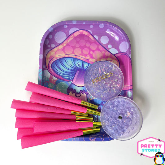 Pink Rolling Set, Custom Grinder, 8 Pink Pre Rolled Cones and Psychedelic Rolling Tray