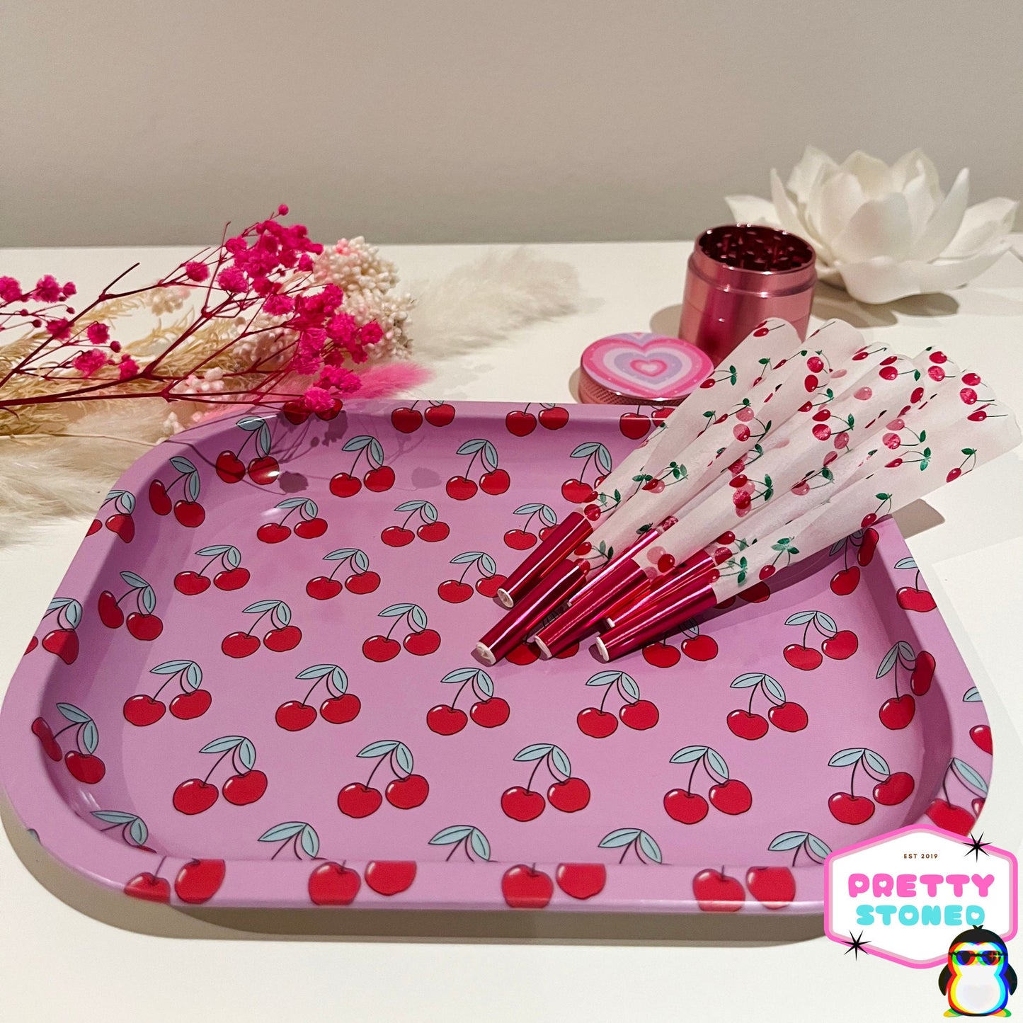 Pink Cherry Rolling Tray Set