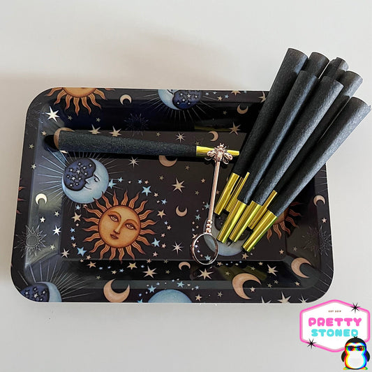 Sun and Moon Rolling Tray Gift Set - 8 Black Pre Rolled Cones - Cigarette Holder Ring - Smoking Accessories